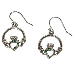 Shan Ore Sterling Silver Claddagh Earrings Green and white Cubic Zerconia Celtic